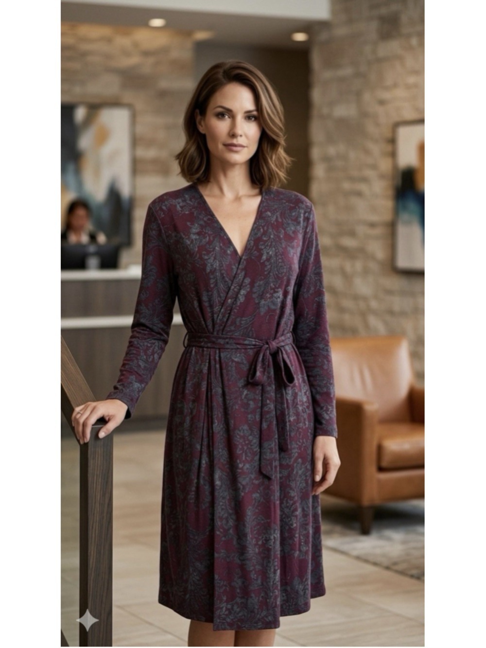 PERUVIAN CONNECTION Floral Surplice Wrap Dress Large Stretch Bohemian USA $178